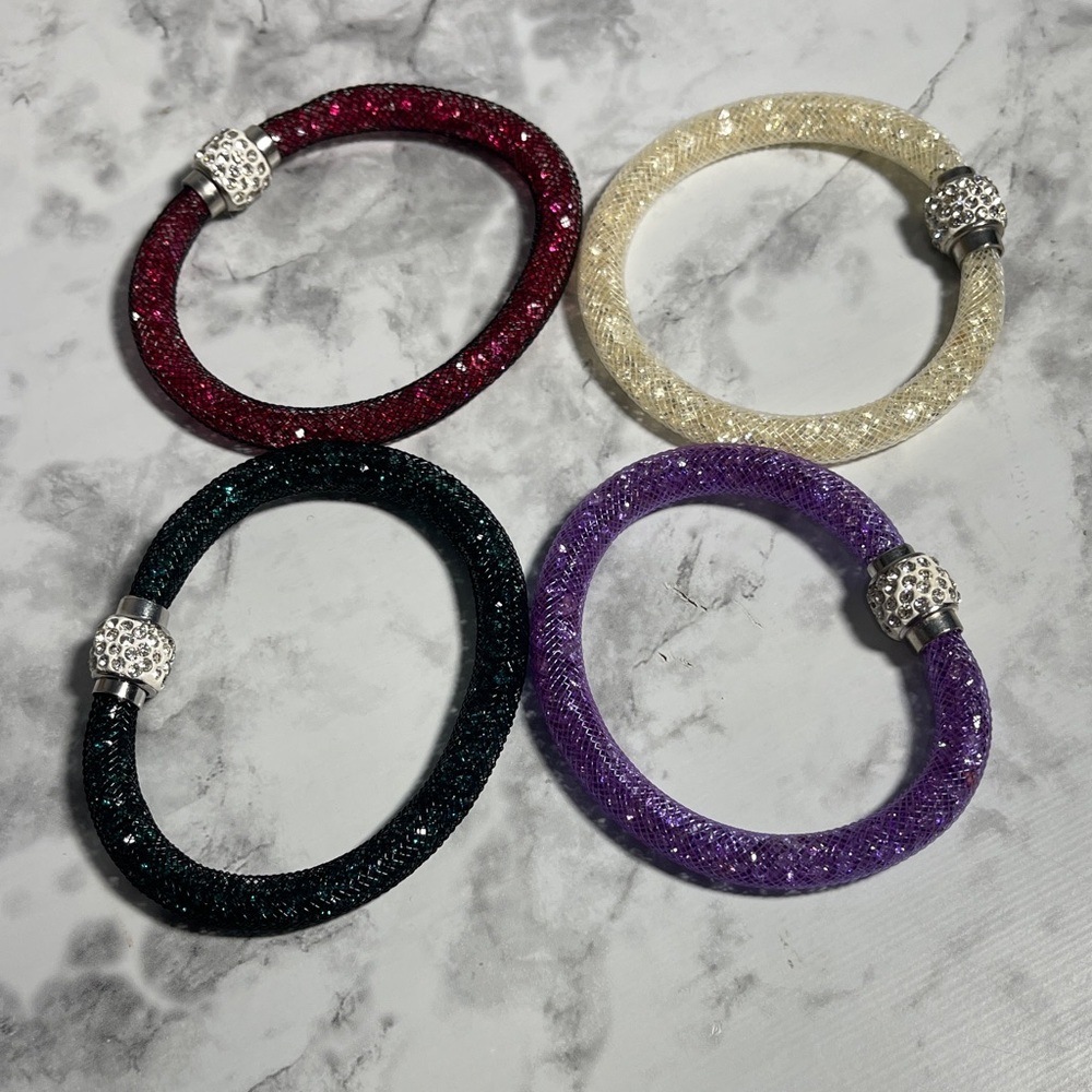 Elegant Sparkling Bracelet Set of 4 - Dark Pink, Cream, Purple, Dark Green